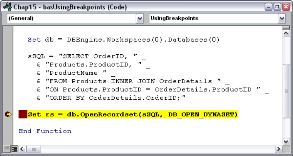 Execution stops on the breakpoint.